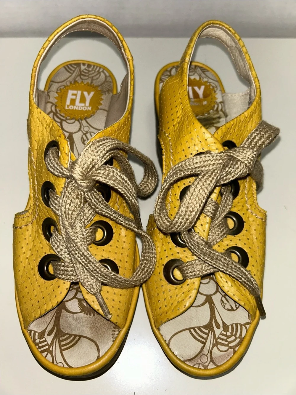 Fly London Ylva Yellow Perforated Leather Peep Toe Lace-Up Wedge Heel Sandal